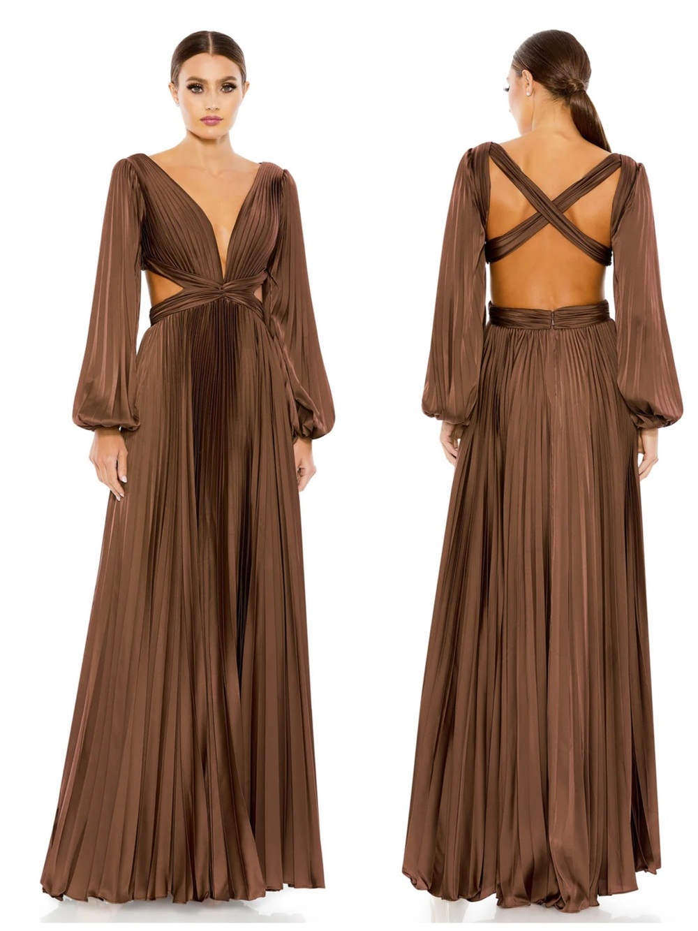IEENA FOR MAC DUGGAL Espresso Brown Pleated Maxi Gown Dress 26737 NWT $498